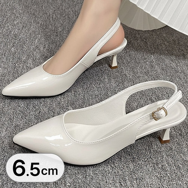 라뷰드 여성 에나멜 스틸레토 슬링백 정사이즈 미들힐 통굽 구두 미끄럼 방지 밴딩 후크 스트랩 슈즈 발편한 베이직 정장 신발 6.5cm