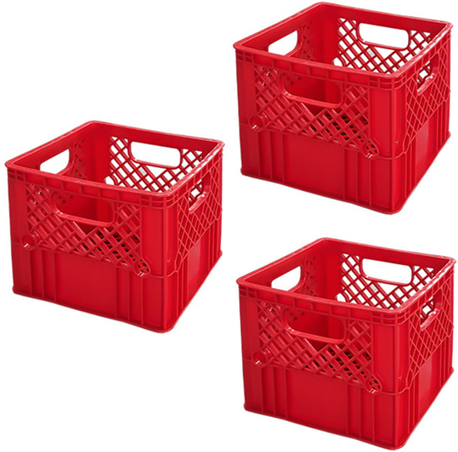 뉴플라스틱 플라스틱 우유상자 밀크박스 감성 캠핑 운반 수납 바구니 3개 1세트, 우유_적색(3개묶음), 1단