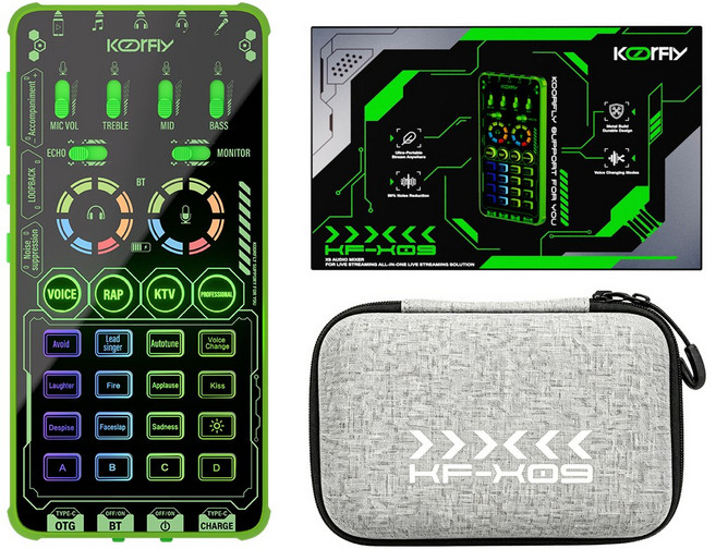 KOORFLY X9 [야외방송 풀패키지] 휴대용 사운드카드 AI 노이즈캔슬링 메탈바디 버스킹 유튜브 라이브, 블랙 그린 (Black Green), KF-X9 [야외풀세트] 마이크+가방포함