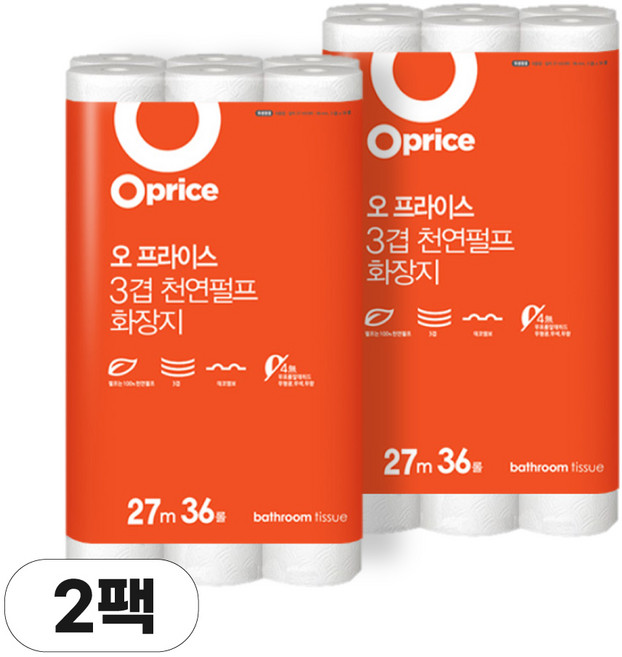 오프라이스 3겹 펄프 화장지 27m 36롤 2팩, 2개