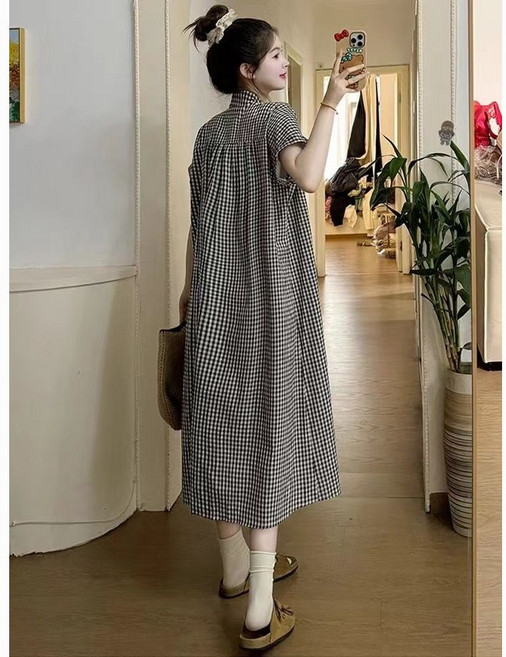 Neirny 여성 임산부 원피스 봄가을 임부복 빈티지 체크 셔츠 루즈핏 하프 반팔 A라인 아우터 편한 스커트