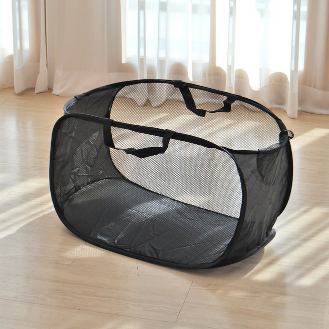 이지유 접이식 메쉬 빨래 바구니 원터치 세탁 보관 햄퍼, 블랙