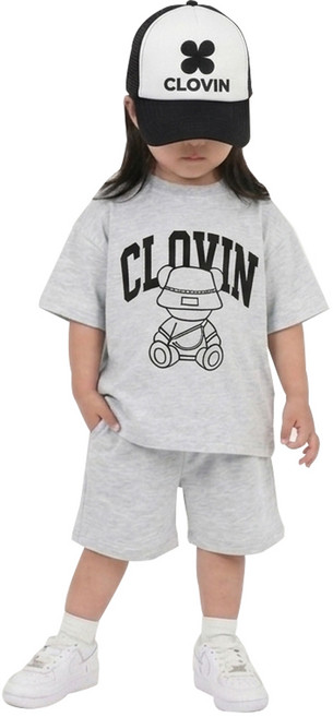 [5호 7호 9호 11호] 클로빈 키즈 오버핏 벙거지 곰돌이 상하복 세트 남아 여아 등원룩 여름 반팔 반바지 등원복