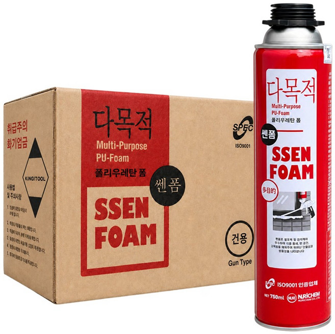 우레탄폼 누리켐 쎈폼 건타입 단열 균열 크랙 충진 냉기 결로 강력한 접착력 750ml 1박스(15개), 1박스