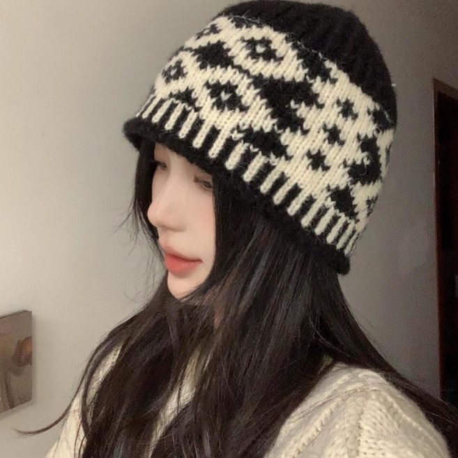 -復古菱形格子毛線帽子女秋冬季小眾設計感針織帽保暖防寒包頭冷帽漁夫帽水桶帽-#3