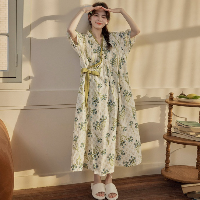 빅사이즈 유카타 원피스잠옷 플라워 여성 캡내장 노브라 홈웨어 잠옷 여자 파자마