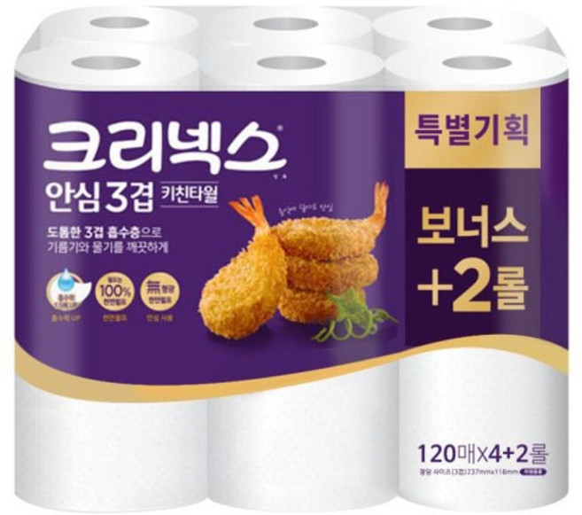 크리넥스 안심 3겹 타올 120매 x 4+2롤 mam+2819QK, 6개