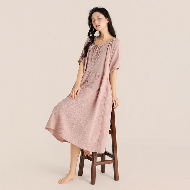 여성 100% 순면 러블리 잠옷 원피스 통기성 좋은 반팔 롱 가운 봄여름 홈웨어