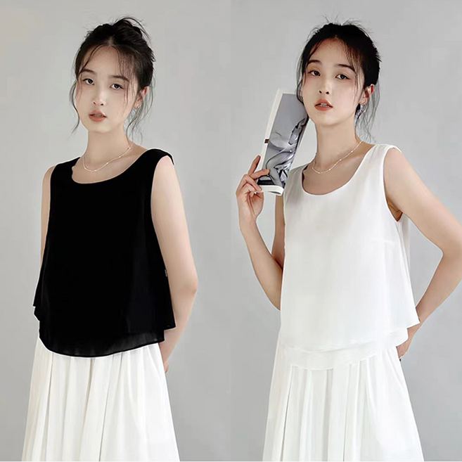 AOKADA 1+1여성 레이어드 쉬폰 라운드넥 무지 민소매 티셔츠 A라인 블라우스