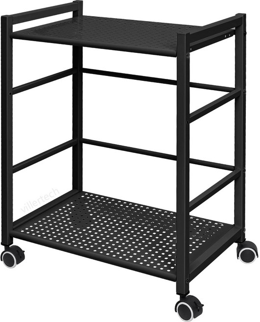 이동식 트롤리 선반장 높이조절 펀칭메탈 다용도 수납카트 (주방 욕실 사무실 거실 프린터 선반용 책상 밑/아래/옆 이동식 수납 카트) 47cm 폭 캐스터 4개 중 2개 브레이크, 2단, 블랙