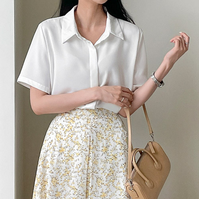 오버나인 여성 히든버튼 반팔 데일리 반팔 셔츠 블라우스