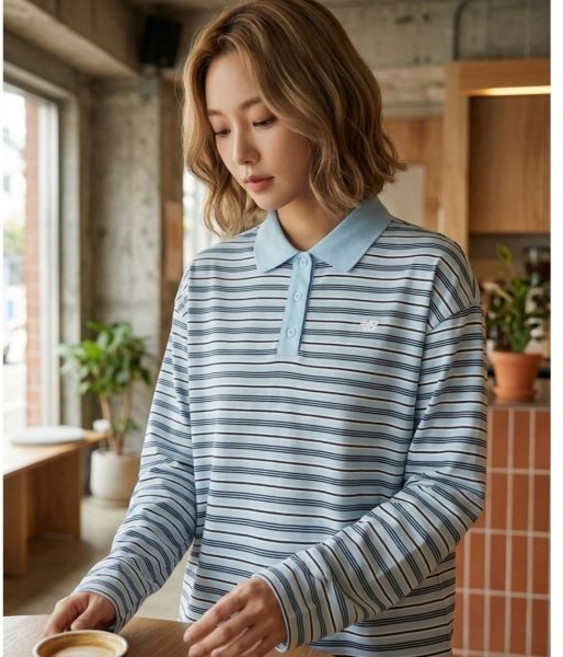 뉴발란스 카라티 스트라이프 폴로 카라 여성 라이트블루 긴팔티셔츠 반팔티 여름 1824823