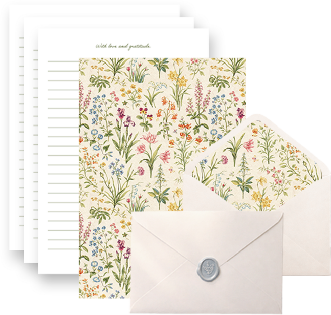 무해해 예쁜 고급 편지지 4p + 편지봉투 4p + 실링 왁스 스티커 4p 세트, 엔티크플라워, 1팩