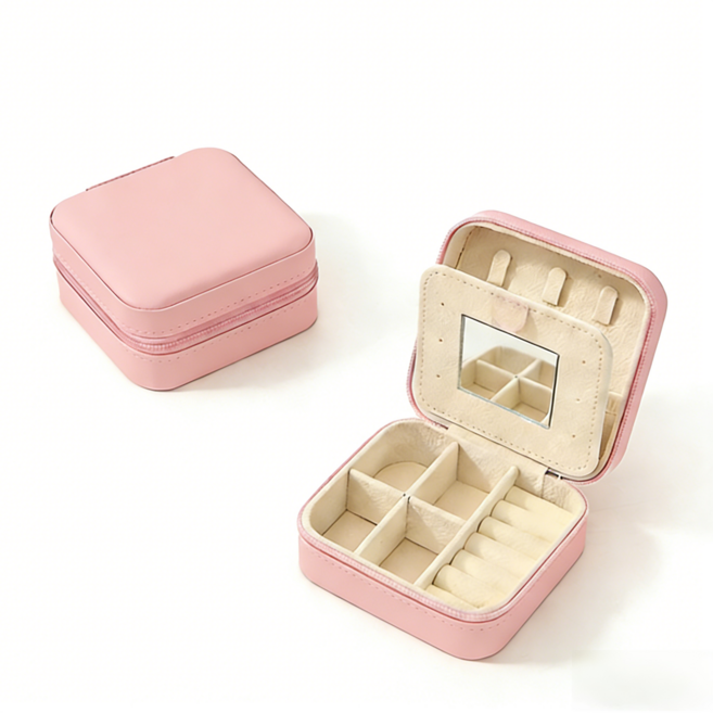 미니 휴대용 주얼리 보석함 여행용 소형 사각 액세서리 파우치 핑크 1개, 1