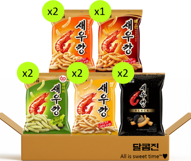 농심 새우깡 레전드 5종 (새우깡2+매운새우깡1+블랙2+와사비2+쌀새우깡2), 1세트, 새우깡2개+매새1개+블랙2개+와사비2개+쌀새우깡2개
