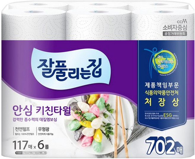 미래생활 잘풀리는집 안심 키친타월 117매 x 6롤 702매 엠보싱 흡수력 펄프 안전성, 잘풀리는집 천연펄프 2겹 안심키친타올 117매 6롤, 1개