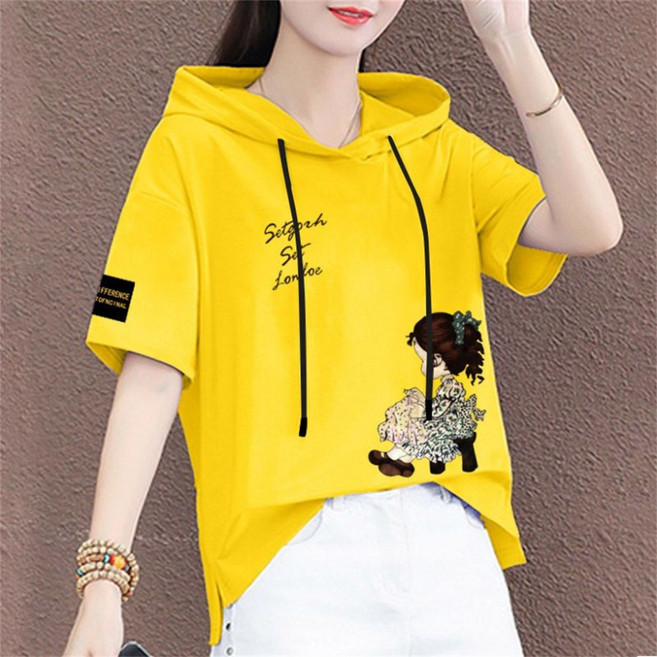 TKX 여성용 캐주얼 루즈핏 후드 반팔 티셔츠 프린트 포인트 편안한 데일리룩 봄 여름