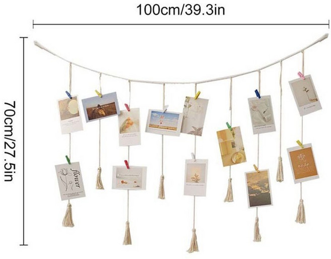 拍立得照片牆裝飾掛繩 DIY 相片展示佈置, 1個, 9個棉繩流蘇100cm(送20夾子),送3個無痕釘【不含照片】