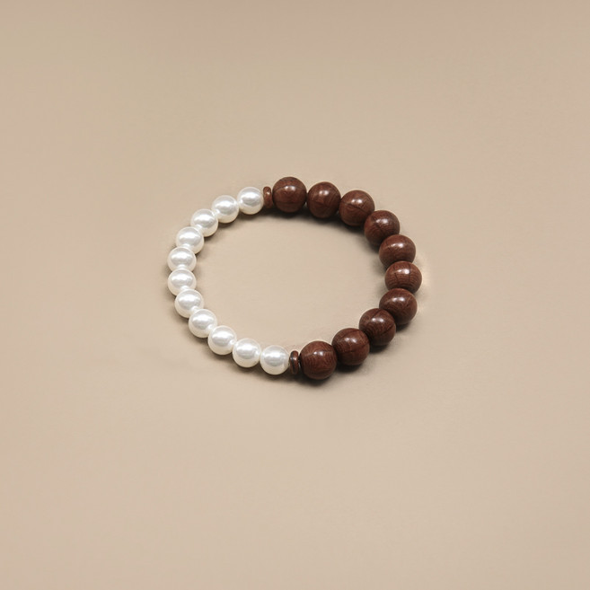 내츄럴 육도목 & 모조 진주 핸드메이드 팔찌 수종 목질감 실버톤 여성 비즈팔찌 탄생석 팔찌 생일선물