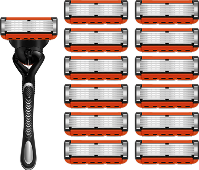 블랙주황 6중 질레트 면도날 프로글라이드 퓨전 호환 면도기, 1세트, 주황 면도날 12개입+스윙면도기1개