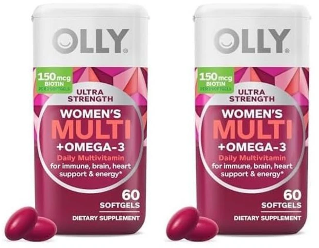 OLLY 울트라 여성용 멀티 소프트젤 전반적인 건강 및 에너지 지원 오메가-3 철분 비타민 A D C E B12 일일 멀티비타민 30일 공급량 - 60개, 60 Count (Pack of 2) - 쿠팡