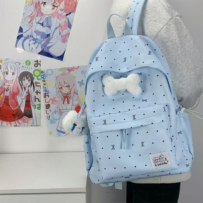 森系 小眾 清新 蝴蝶結 學生書包 雙肩包, 藍色-【小清新可愛印花蝴蝶結】,書包+小月亮繩+骨頭別針