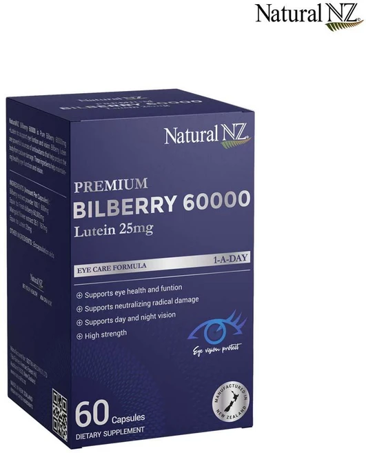 뉴질랜드 네추럴엔젯 프리미엄 빌베리 60000mg 루테인 25mg함유 60캡슐, 1개, 60정 - 쿠팡