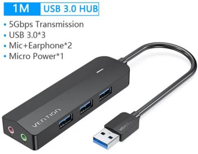 USB 외장 사운드 카드 외장형 어댑터 오디오 컨버터 분배기 Vention-USB 2 인 1 외부 USB 3.5mm 노트북 헤드폰 마이크 3.0 허브, [02] USB 3.0 HUB-1M, 2) USB 3.0 HUB-1M
