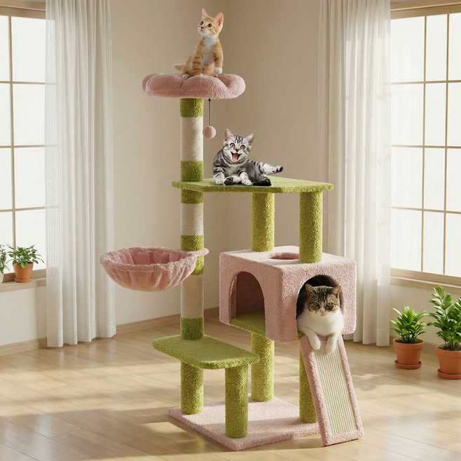 PAWZ Road 5단 귀여운 꽃모양 고양이 대형 핑크 캣타워 120cm 플라워 전망대+해먹+숨숨집+발판+사다리, 1개, 그린