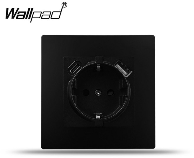 트리플 블랙 EU 소켓 월패드 234mm x 86 유로 프랑스 표준 플라스틱 USB C 타입 TV 전원 콘센트 라운드, 1개