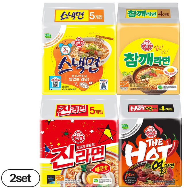 오뚜기 더핫열라면 120g(4입) 2개+스낵면 108g(5입) 2개+참깨라면 115g(4입) 2개+진라면 매운맛 120g(5입) 2개, 1세트