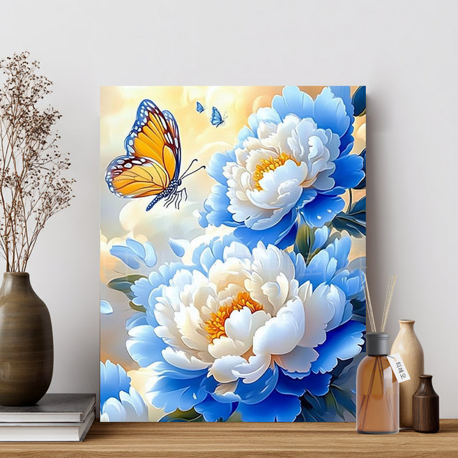 티레오 꽃보석십자수 캔버스형 40x50cm 재물십자수 비즈십자수 3D 대형보석십자수 큐빅비즈 DIY액자형취미, 02 모란 나비, 1개