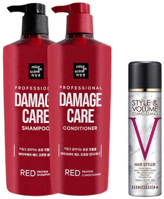 미쟝센 데미지케어 레드 샴푸 680ml + 컨디셔너 + 볼륨짱짱 흑채 스프레이 자연갈색 120ml, 1개, 1.48L