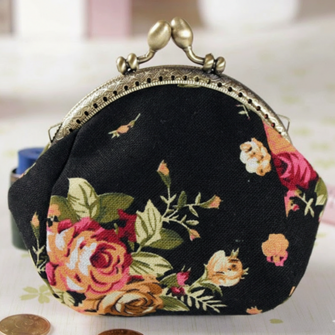 빈티지 키스락 플라워 패브릭 동전 지갑 여행용 수납 미니 파우치