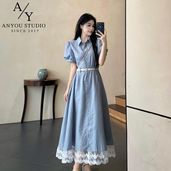 ANYOU 프렌치 감성 여성 여름 원피스 레이스 배색 루즈핏 데일리룩 빅사이즈 벨트 슬림해 보이는 롱원피스 고급스러운 하객룩 바캉스룩 오피스룩