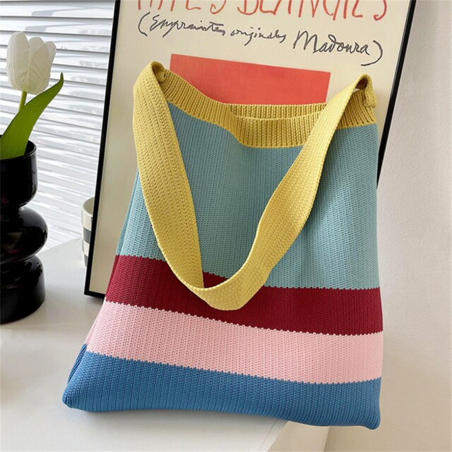에코백 미니 휴대용 여성용 니트 스트라이프 숄더백 우븐 크로스 바디 핸드백 에코 대용량 쇼퍼백 레트로 레인보우 보관 가방