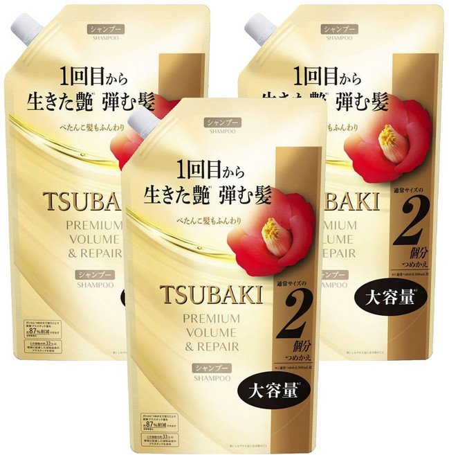 츠바키 프리미엄 볼륨 & 리페어 샴푸 리필용, 3개, 600ml