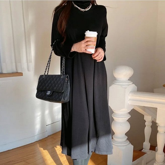 빅걸스토리 빅사이즈 기모 목폴라 무지 루즈핏 롱원피스