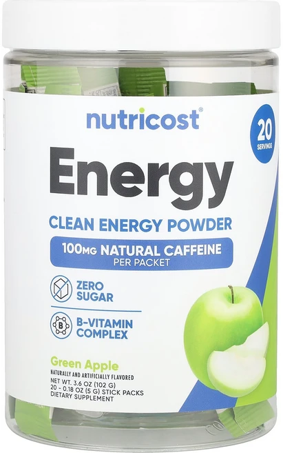Nutricost Energy 클린 에너지 파우더 그린 애플 스틱팩 20개 개당 5g(0.18oz) Nutricost (뉴트리코스트), 100g, 1개 - 쿠팡