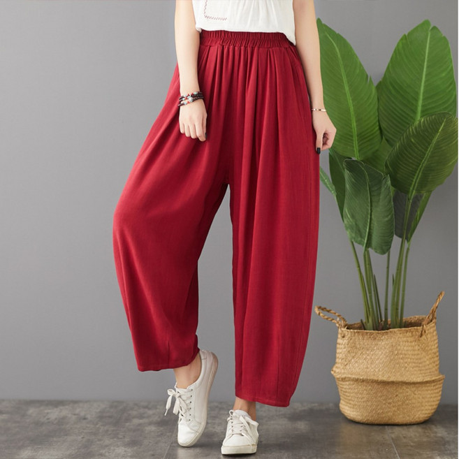 플랜앤유 여자 빅사이즈 밴딩 와이드 배기핏 린넨 팬츠