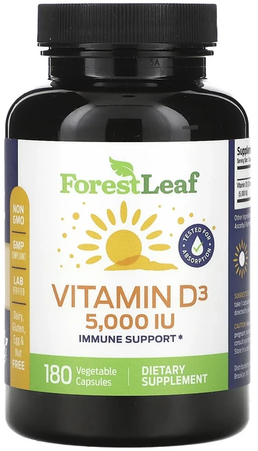 Forest Leaf 비타민D3 125mcg(5000IU) 베지 캡슐 180정, ForestLeaf비타민D3125mcg5000IU베지캡, 1개 - 쿠팡