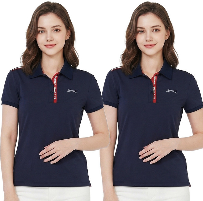 슬레진저 1+1 여성 솔리드 플라켓 배색 스판 카라 반팔 티셔츠