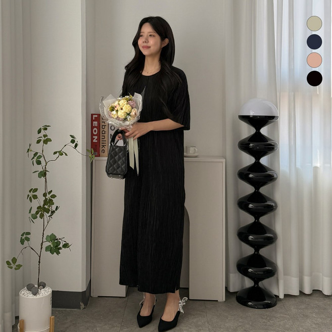 디테일웨어 여성 마들 주름 라운드넥 롱원피스 플리츠 주름 편한원피스 임부복 밑단트임 반팔원피스 시원한 여름원피스