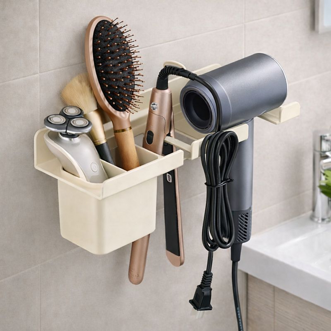 홈킹 올인원 드라이기 고데기 빗 거치대 세트 무타공 타공, 1개, 크림