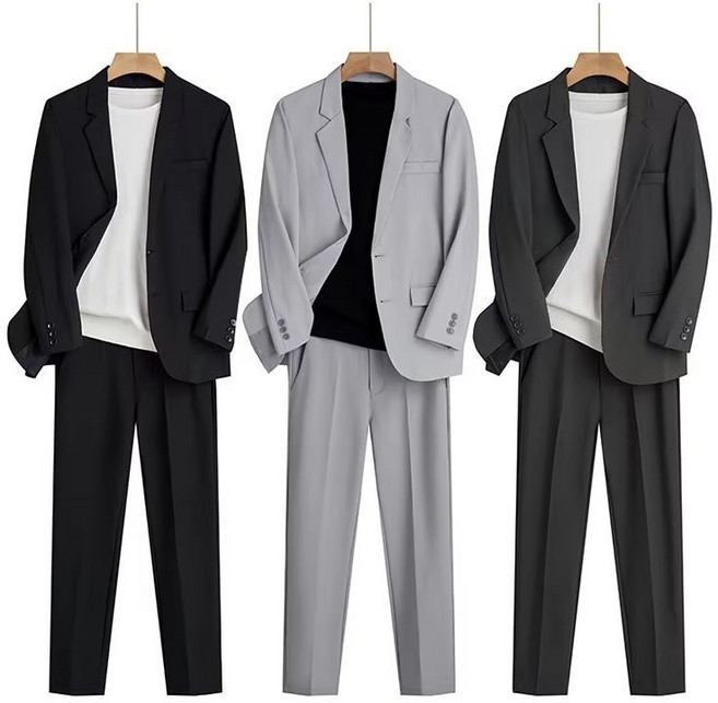 FINE ART 남자 캐주얼 정장세트 빅사이즈 양복 경량 정장 자켓 + 정장 바지 봄여름 투피스 오버핏 면접복