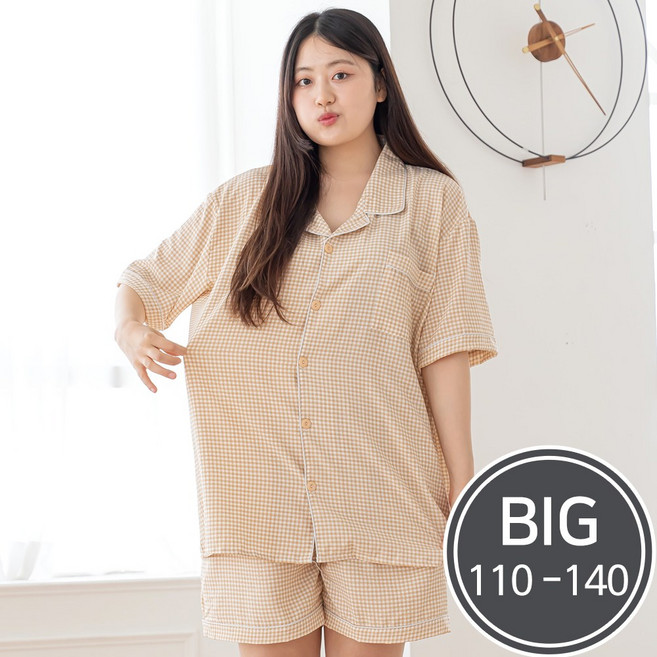 2596 남여공용 빅사이즈 아사체크 카라 반팔잠옷세트