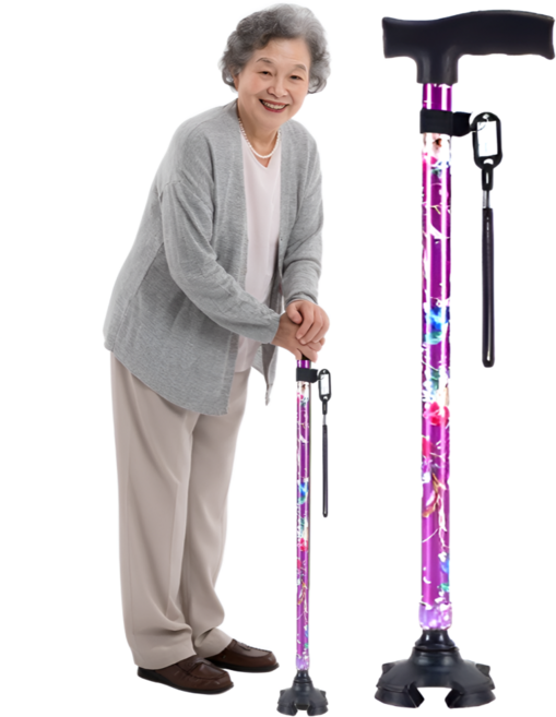 에이리브 노인 미끄럼방지 네발 길이조절 꽃 어르신 여성용 가벼운 지팡이, 1개, 퍼플