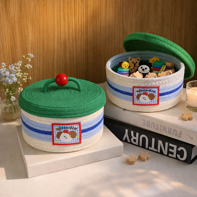 몽벨르 체리 포인트 코튼로프 뚜껑형 패브릭 수납함, 1개, 그린 블룸