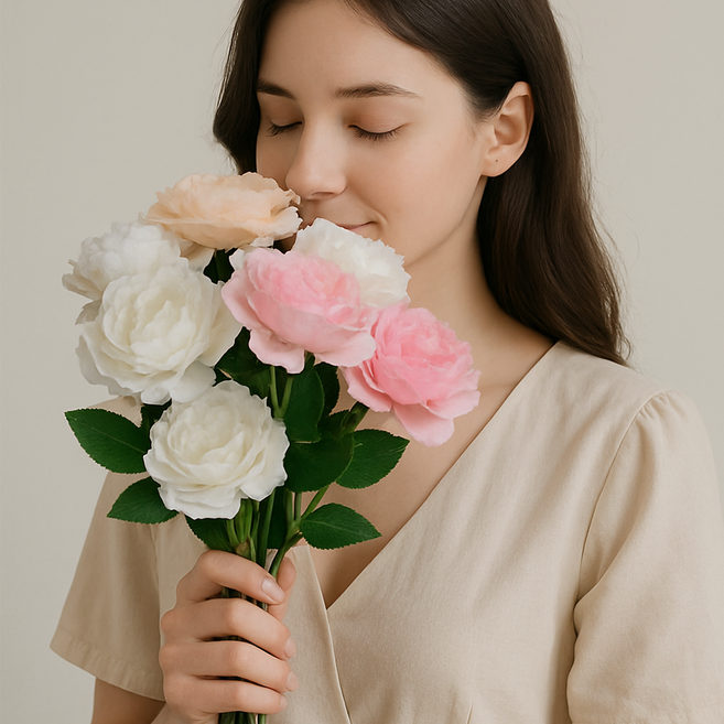 인테리어 플라워 장미 꽃다발 인조 조화 데코, 3개, 크림화이트, 로멘틱 핑크, 피치베이지