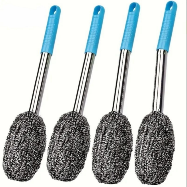 다용도 스테인리스 롱핸들 와이어 청소 브러시 4P 세트, 1세트, 블루